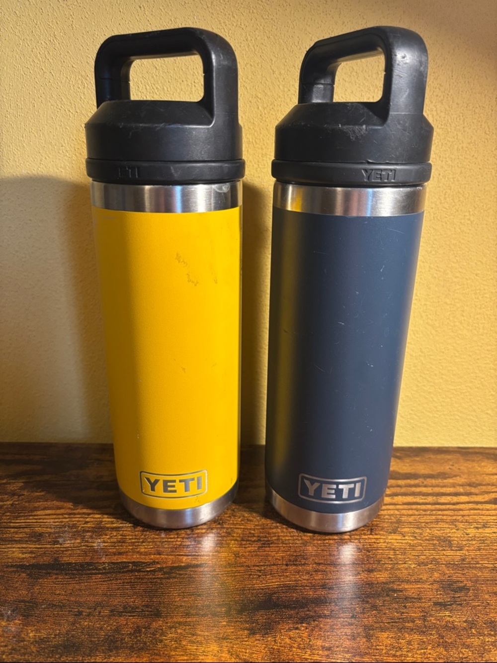 2 Yeti Stainless Rambler Pair – Yellow & Navy Blue 18 ounce